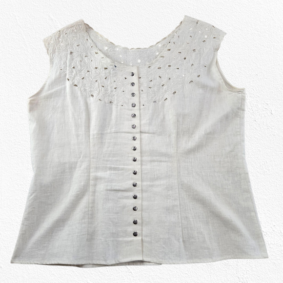 1990s Vintage White Linen Cotton Embroidered Eyelet Tank Top Blouse Size 16 - Picture 7 of 7